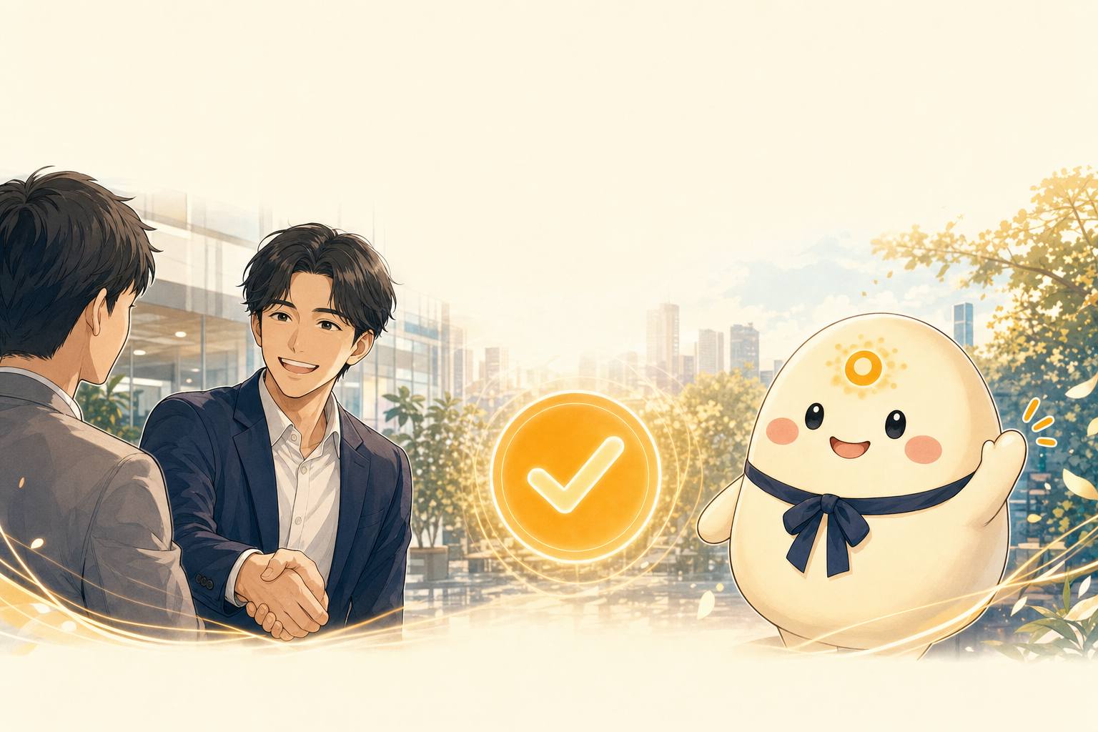 RecruitOS - リーちゃんが、 リクルーターと一緒に手を振り、 AI で楽になった毎日を一緒に始めようと誘っている様子