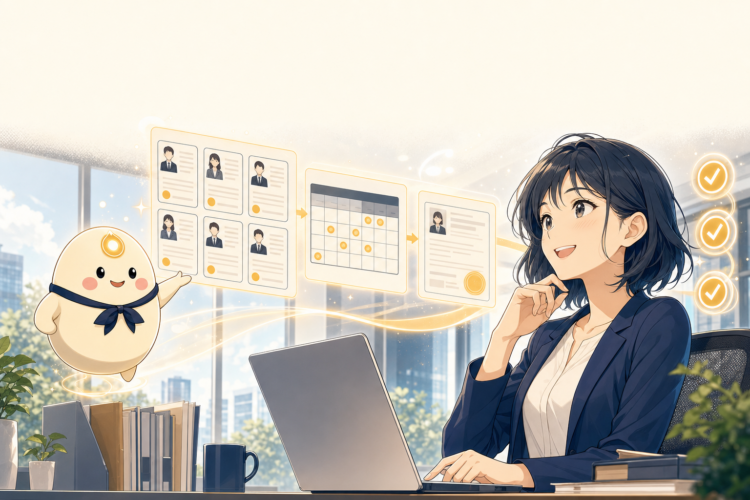 RecruitOS — リーちゃんが、整理された候補者/面談カレンダー/成約フォームを AI が承認カードで回すワークフローを案内する様子