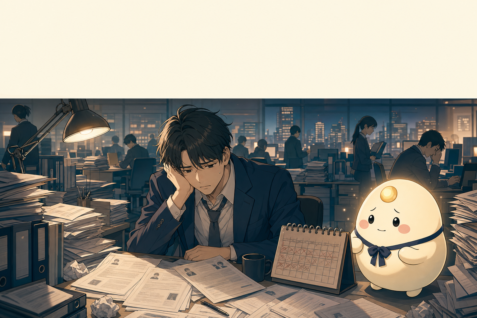 RecruitOS - リーちゃんが、 候補者の履歴書山積み・面談カレンダー・LINE 連絡に追われるリクルーターを心配そうに見ている様子